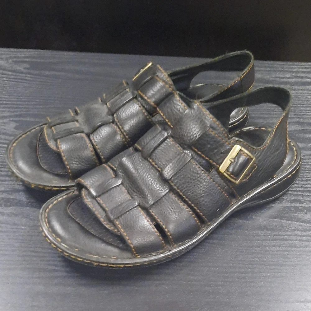 Børn Men’s 11 Handcrafted Footwear Black Leather Caged Sandals Buckle Strap